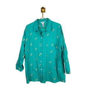 Vintage Lilly Pulitzer Turquoise Linen Button Down Too Embroidered Flip Flop XL